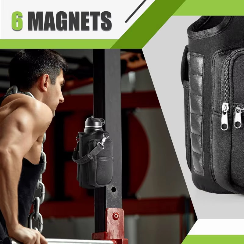 Elevate Your Workout with the Magnetic Water Bottle Holder - Convenient Carrier Bag with Phone Pocket and 6 Strong Magnets
