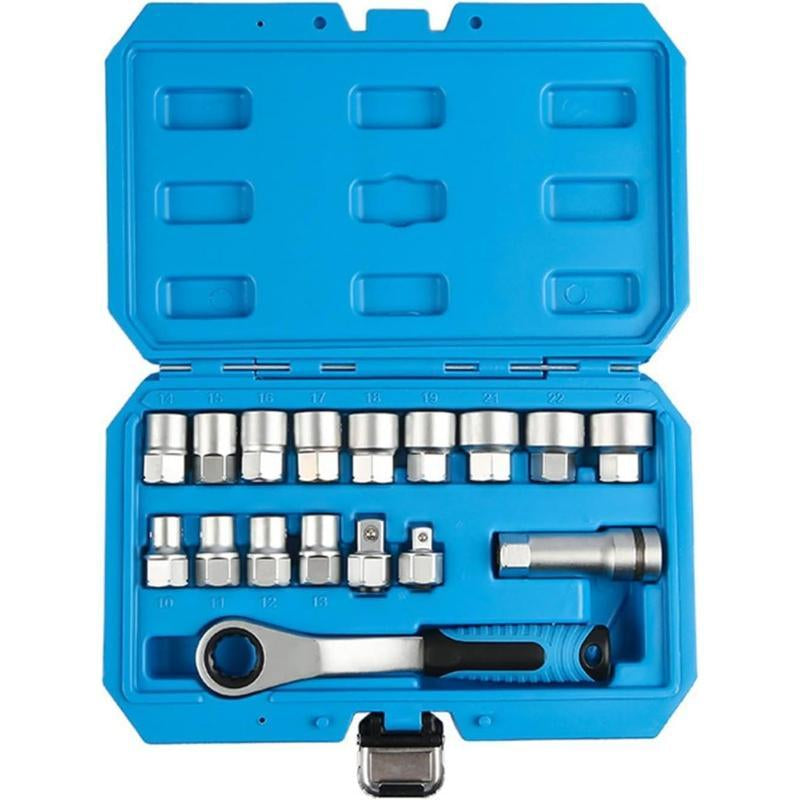 17-Piece Pass through Socket Set, Metric 10–24Mm, Hollow Ratchet Socket Kit for Automotive Repair & Machine Maintenance
