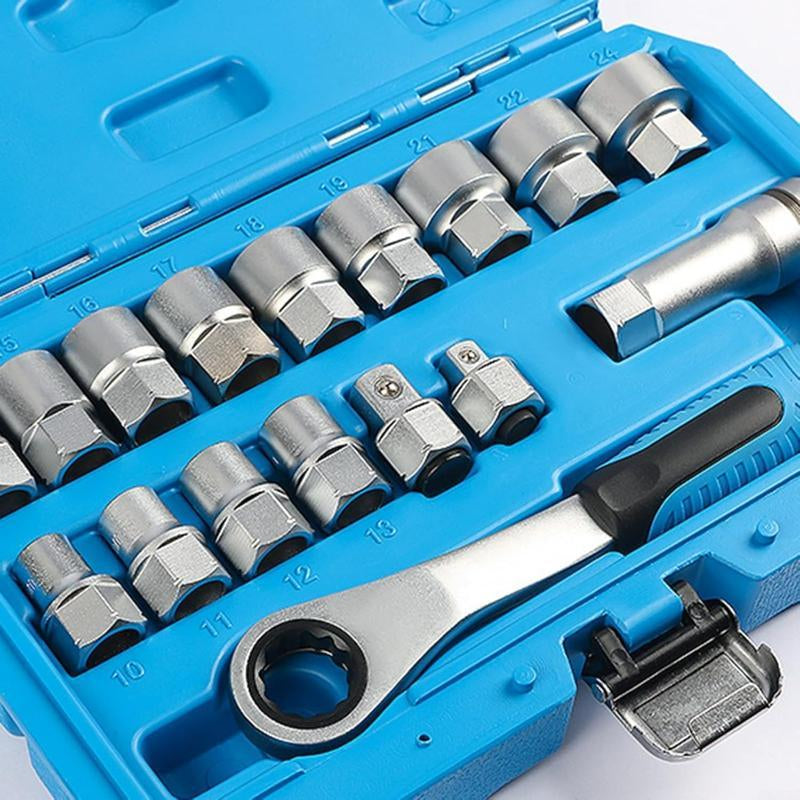 17-Piece Pass through Socket Set, Metric 10–24Mm, Hollow Ratchet Socket Kit for Automotive Repair & Machine Maintenance
