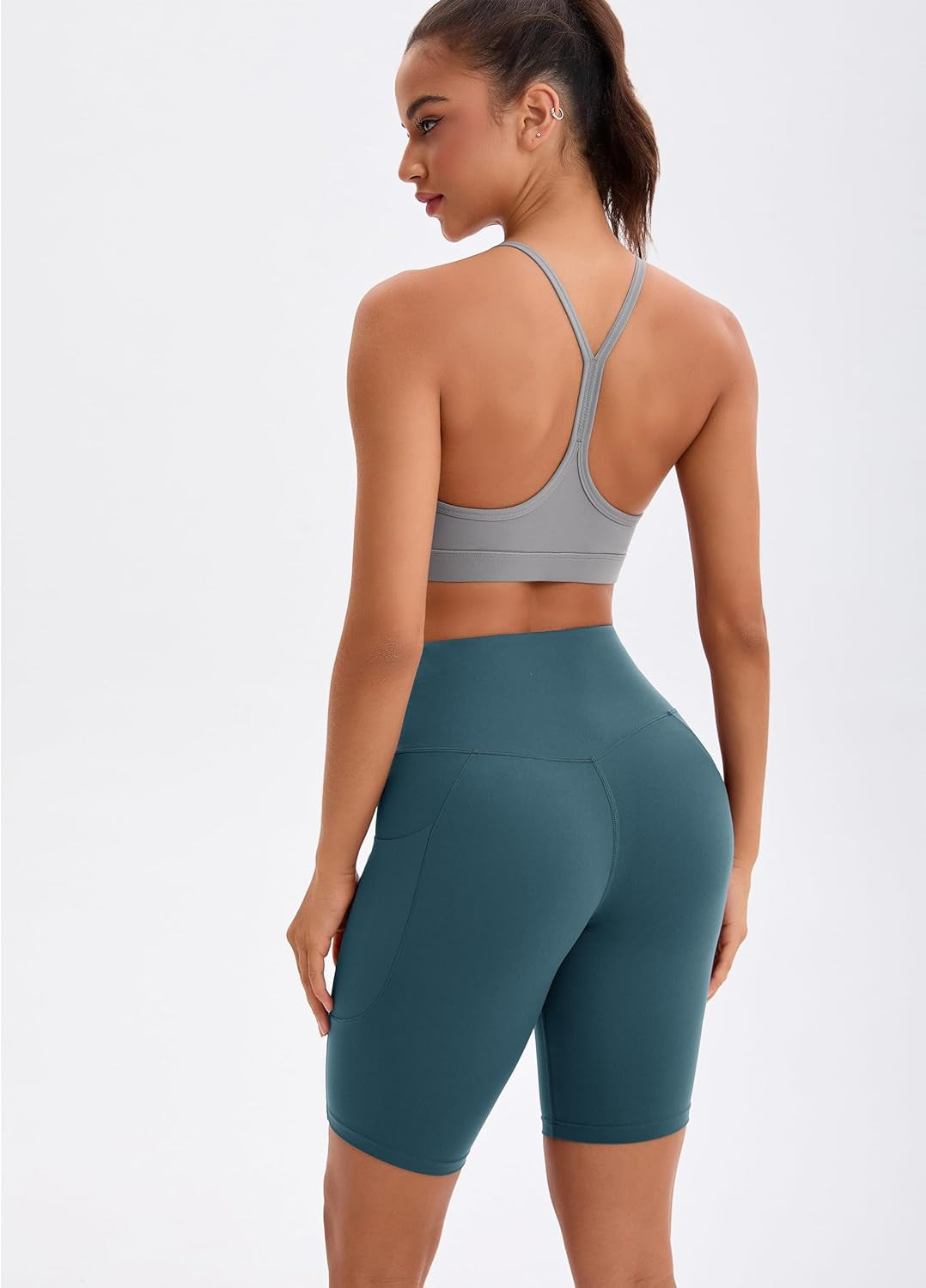 Elevate Your Workout with Oalka Women's Teal High Waist Yoga Shorts - Stylish Comfort with Side Pockets