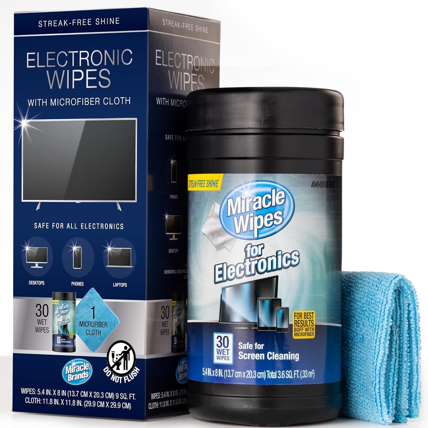 Miracle Wipes for Electronics - Ultimate Screen Cleaning Solution for TVs, Phones, Monitors & More - Includes Microfiber Towel - 30 Count Pack
