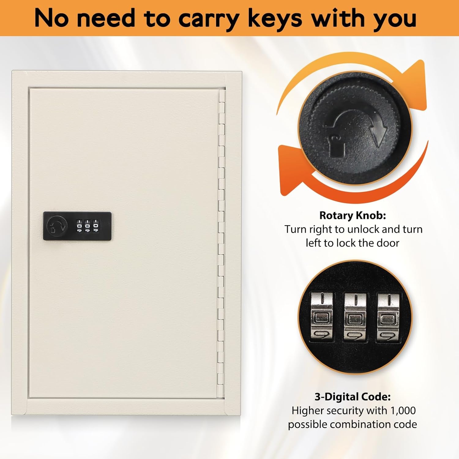 Key Storage Lock Box with Code, Locking Key Cabinet, 40 Key Holder Wall Mount with Combination Lock, Hooks & Tags Labels for Home, Office, Business, 2.5" D X 8.1" W X 12.1" H, White