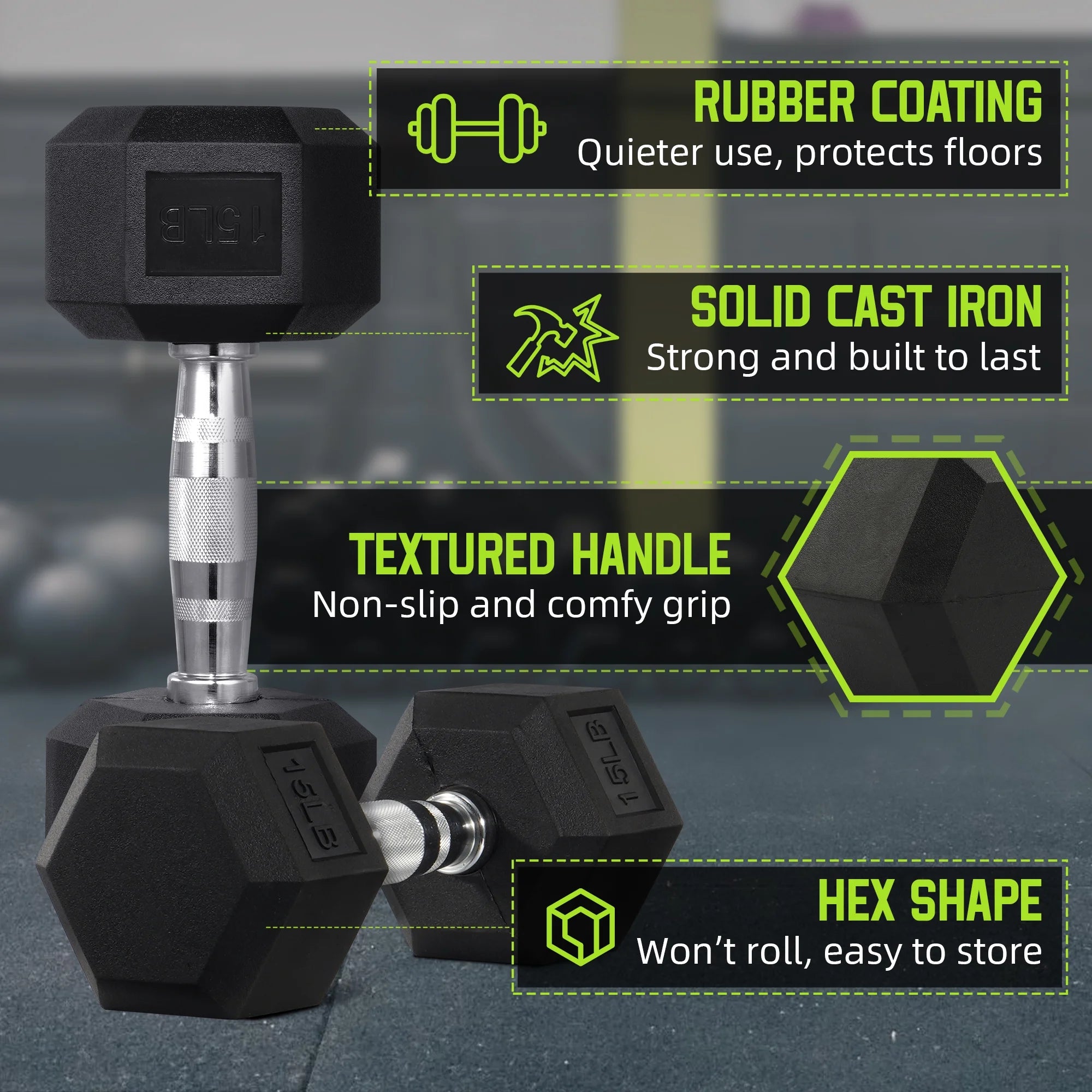 Elevate Your Workout with the 15 lb Rubber Encased Hex Dumbbell - Perfect for Strength Training and Muscle Building