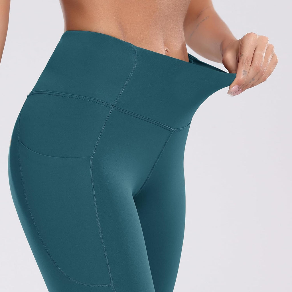 Elevate Your Workout with Oalka Women's Teal High Waist Yoga Shorts - Stylish Comfort with Side Pockets
