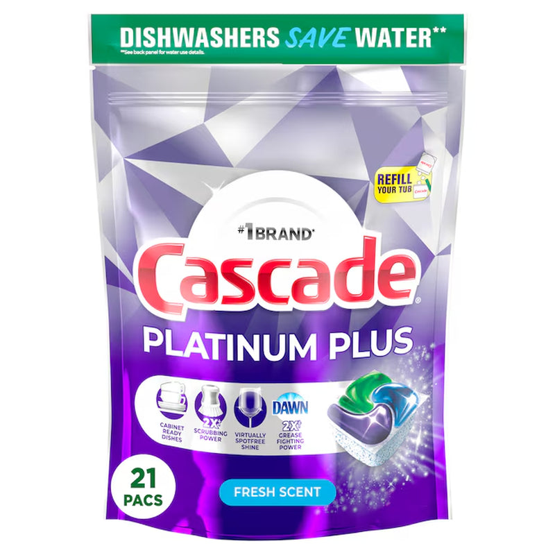 Experience Sparkling Clean Dishes with Cascade Platinum Plus 21-Count Fresh Scent Dishwasher Detergent