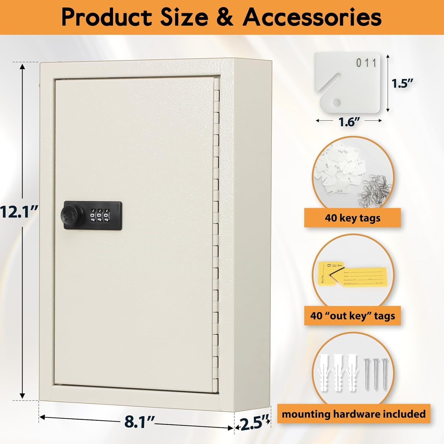 Key Storage Lock Box with Code, Locking Key Cabinet, 40 Key Holder Wall Mount with Combination Lock, Hooks & Tags Labels for Home, Office, Business, 2.5" D X 8.1" W X 12.1" H, White