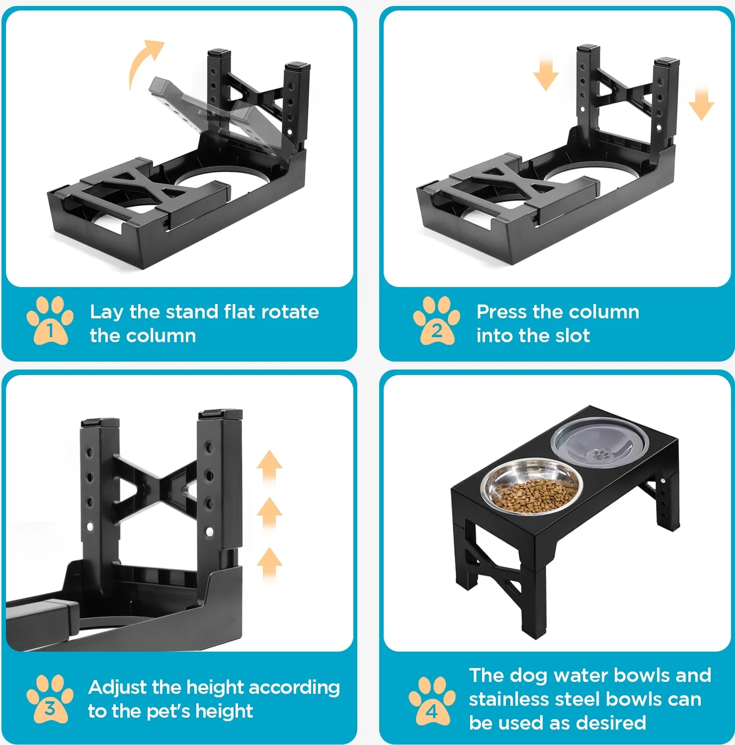 Elevated Dog Bowls,  5 Adjustable Heights Raised Dog Bowl Stand with 1 Stainless Steel Food & Dog Water Bowl, Dog Bowls for Large Dogs& Cats (Black)