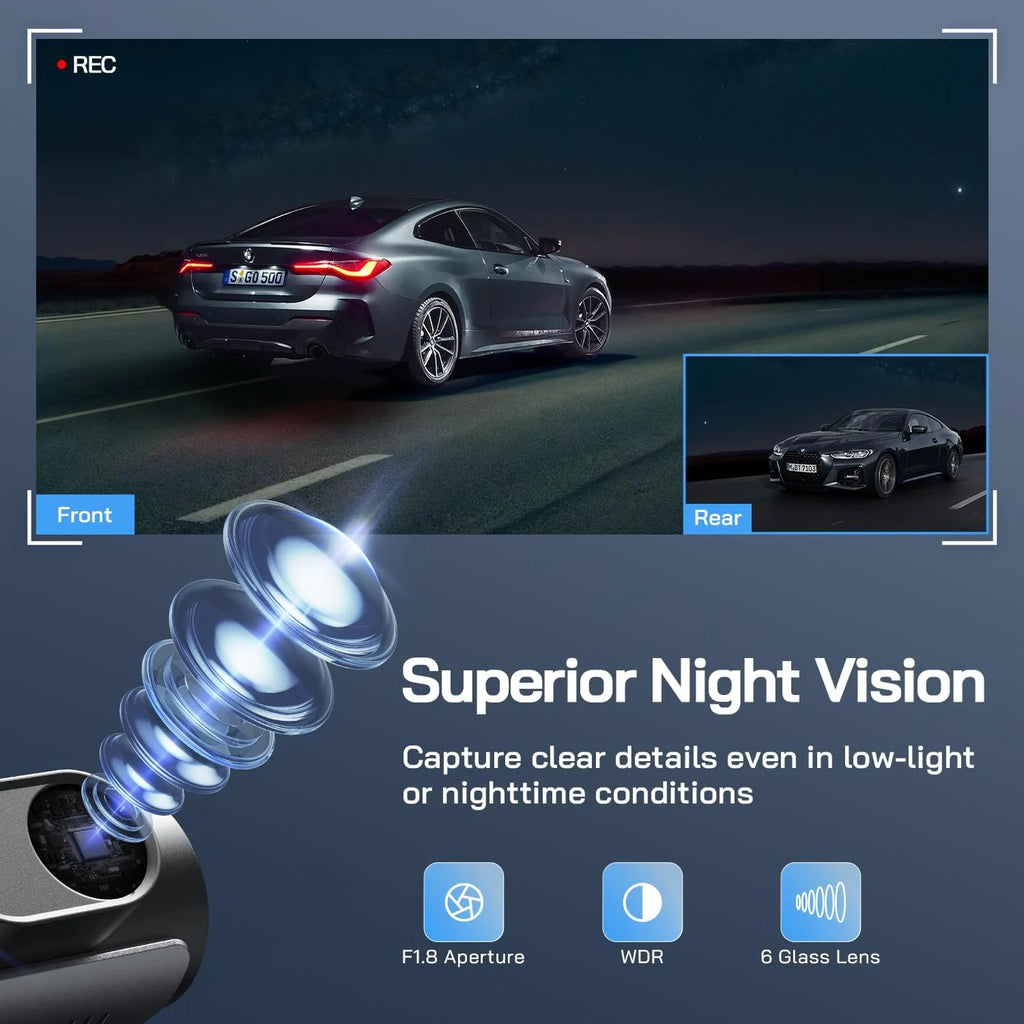 Experience Unmatched Clarity with Our Dual Dash Camera: 4K Front & 1080P Rear, 3" IPS Screen, 170° Wide Angle, Night Vision, G-Sensor & Loop Recording