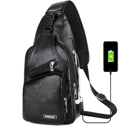 Brown Faux Leather Usb Charging Chest Messenger Bag